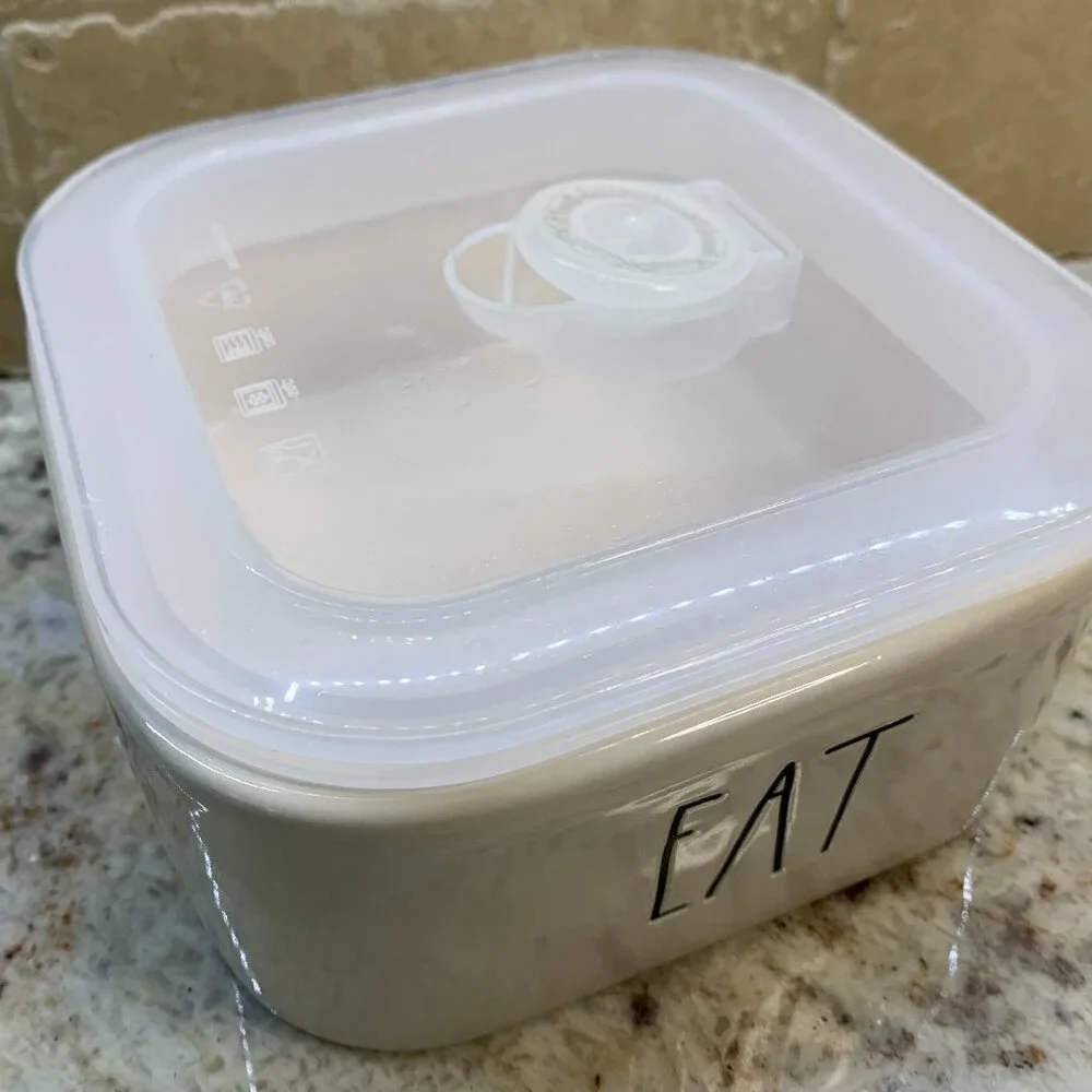 Rae Dunn EAT Ceramic Food Storage Container With Vented Plastic Lid
